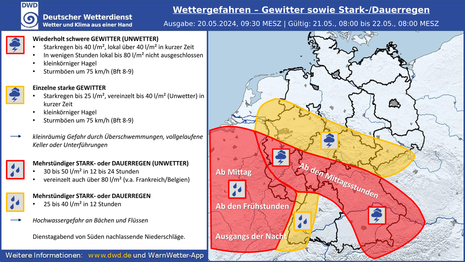 Diese Grafik zeigt einen Überblick über die Wettergefahren am morgigen Dienstag. (Quelle DWD)