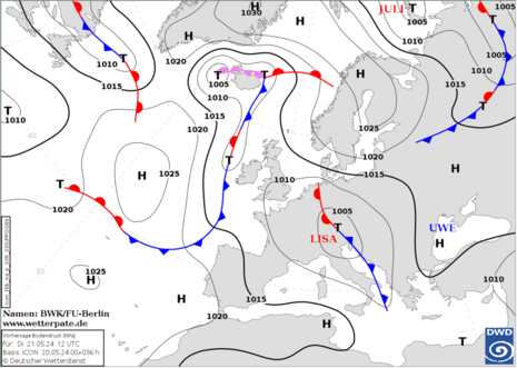 Wetterkarte für Dienstag (Quelle Deutscher Wetterdienst)