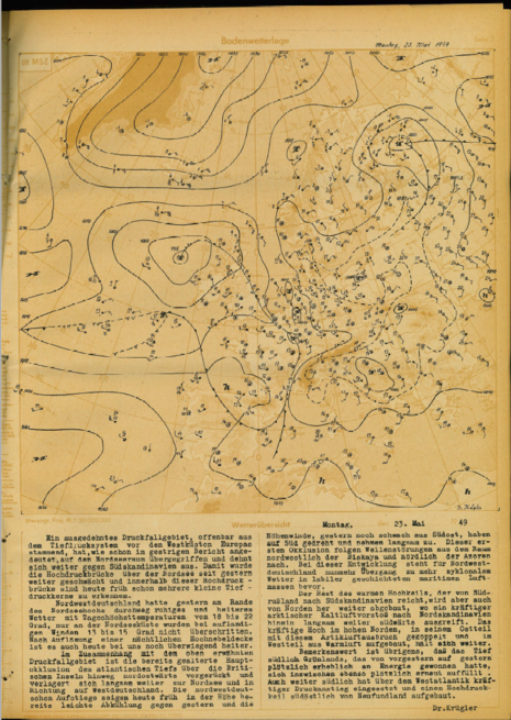 Bodenanalysekarte vom 23. Mai 1949 für die Britische Zone herausgegeben vom Meteorologischen Amt für Nordwestdeutschland (heute das Seewetteramt in Hamburg). (Quelle Deutscher Wetterdienst (DWD))