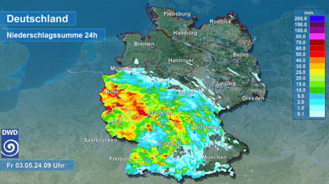 Vom Westen bis in den Südwesten Deutschlands sieht man teils überregional größere Niederschlagsmengen. Im Norden und Osten sind meist keine Niederschläge zu erkennen. (Quelle DWD)