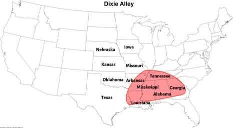 Karte der Dixie Alley in den USA (Quelle Wikipedia)