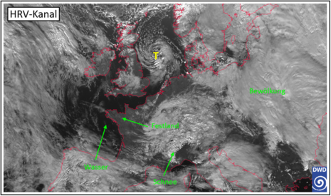 Beispiel eines Satellitenbilds im hochaufgelösten sichtbaren Bereich (HRV-Kanal) (Quelle Markus Übel ,DWD)