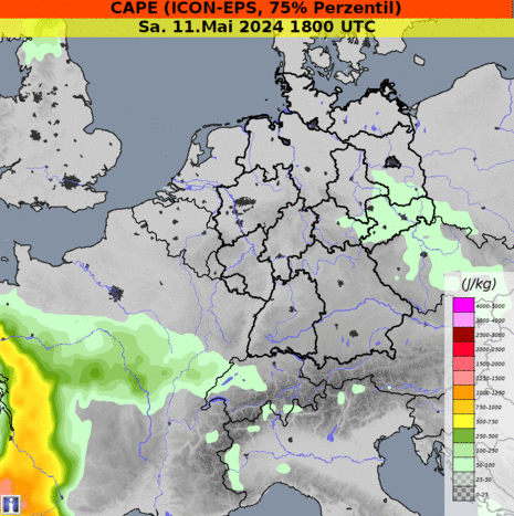 Vorhersage CAPE für Sonntag bis Dienstag (12.-14.05.2024) (Quelle Deutscher Wetterdienst)
