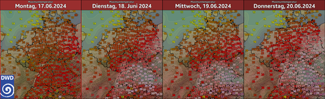 Vorhersage Temperaturmaximum Montag bis Donnerstag, 17.-20.06.2024