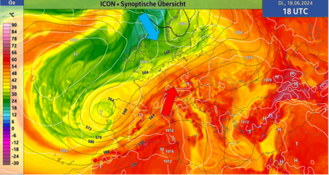 Großwetterlage am Dienstag 18.06.2024 um 18 UTC. (Quelle DWD)