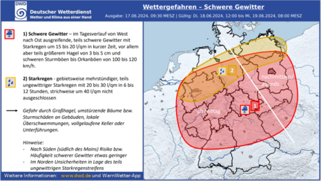 Wettergefahrenkarte für Dienstag 18.06.2024 (Quelle DWD)
