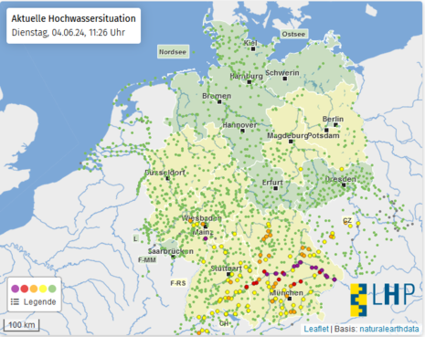 Deutschlandkarte mit Pegelständen zur aktuellen Hochwassersituation vom Dienstag, 04.06.2024 11:26 Uhr (Quelle Hochwasserzentralen)