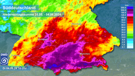 Angeeichte, radarbasierte Niederschlagssummen von Freitag letzter Woche bis zum heutigen Dienstag 08 Uhr (Quelle DWD - Deutscher Wetterdienst)
