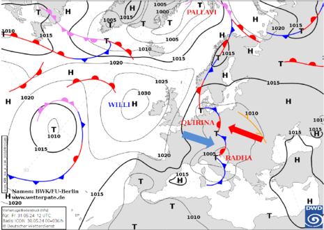 Wetterlage vom Freitag, 31.05.2024 14 Uhr mit Bodendruck und Fronten (Quelle DWD - Deutscher Wetterdienst)