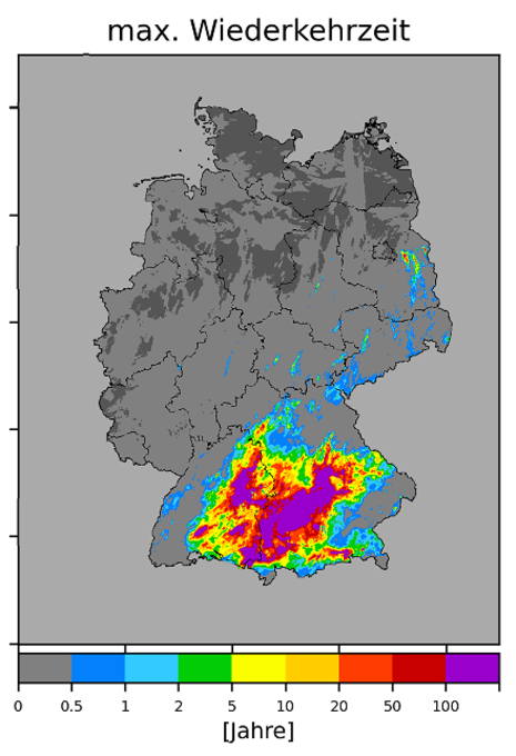 Maximale Wiederkehrzeit von Niederschlagsereignissen der letzten 72 Stunden (Quelle DWD - Deutscher Wetterdienst)