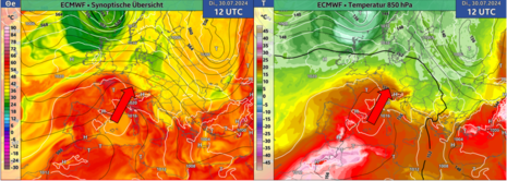 Diese Grafik zeigt die Großwetterlage für Dienstag, den 30.07.2024 um 12 UTC.