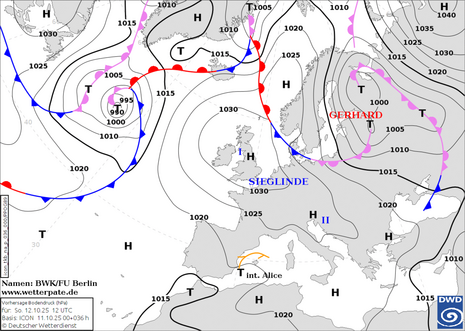 Prognosekarte Bodendruck und Lage der Fronten mit Namen der steuernden Hoch- und Tiefdruckgebiete für den heutigen Sonntag, den 12. Oktober 2025 12 UTC. (Quelle:DWD)