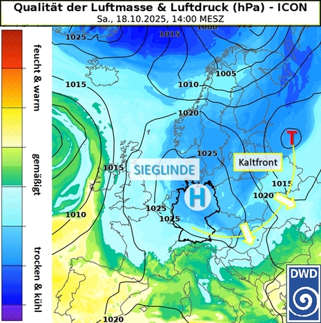 Abb. 2: Luftdruck am Boden (schwarze Linien) und Qualität der Luftmasse (potentielle Äquivalenttemperatur, Farbfläche) für Samstag, 18.10.2025 (ICON-Prognose). (Quelle: DWD)