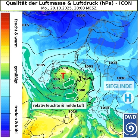 Abb. 3: Luftdruck am Boden (schwarze Linien) und Qualität der Luftmasse (potentielle Äquivalenttemperatur, Farbfläche) für Montag, 20.10.2025 (ICON-Prognose). (Quelle: DWD)