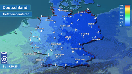 Tiefsttemperaturen Sonntagmorgen, 19.10.2025 mit verbreitetem Frost.