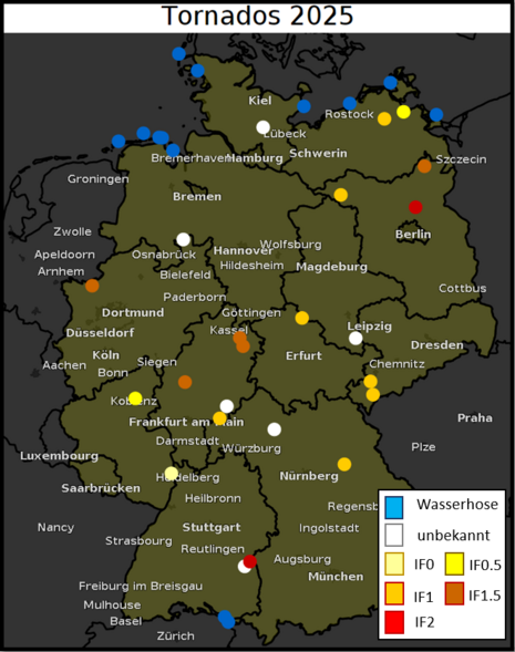 Das Bild zeigt die Verteilung der bisher bestätigten Tornadofälle 2025 unterteilt nach Intensität.