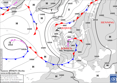 Vorhersage der Wetterlage für Donnerstag, 23.10.2025 um 14 Uhr Sturmtief JOSHUA über der Nordsee (Quelle:DWD)