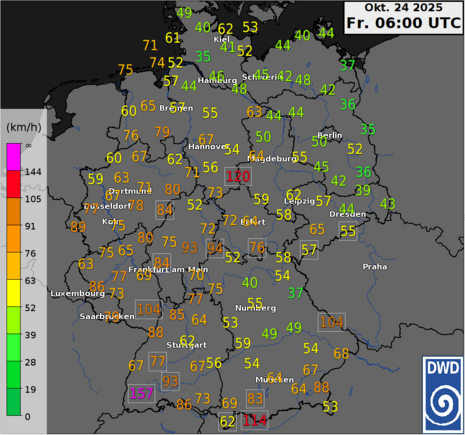 Maximale Windböen am gestrigen Donnerstag, den 23.10.2025 (Meldezeitpunkt: 24.10.2025, 06 UTC)