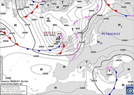 Prognosekarte Bodendruck und Lage der Fronten mit Namen der steuernden Hoch- und Tiefdruckgebiete für den heutigen Freitag, den 03.10.2025 12 UTC