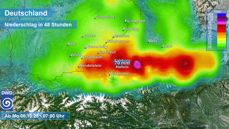 48-stündige Niederschlagsmenge am Alpenrand ab 06.10.2025, 7 Uhr MESZ (Quelle:.DWD)