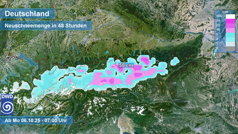 48-stündige Neuschneemenge am Alpenrand ab 06.10.2025, 8 Uhr MESZ (Quelle:DWD)