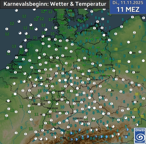 Wetter zum Start der fünften Jahreszeit für Dienstag, 11.11.2025, 11 Uhr MEZ