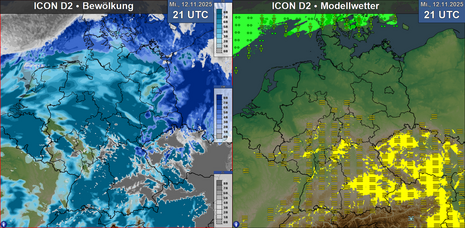 Beim Blick auf das Wetter wird deutlich, dass es bevorzugt in Bayern teils neblig wird (gelbe Farbe, rechts), während sonst meist nur hohe Wolkenfelder hindurchziehen (blaue Farbe, links).