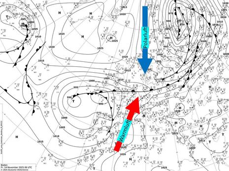 Analysekarte für Europa mit Lage der Druckgebilde und Isobaren sowie Stationsdaten am Freitagmorgen, den 14.11.2025 um 06 UTC. Quelle: DWD