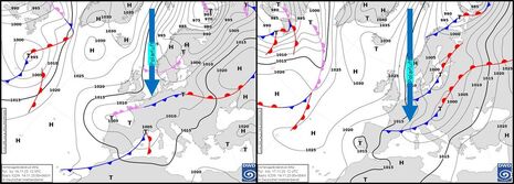 Vorhersagekarte für die Druckverteilung und die Lage der Frontensysteme am Sonntag, den 16.11.2025 um 12 UTC und am Montag, den 17.11.2025 um 12 UTC. Quelle: DWD
