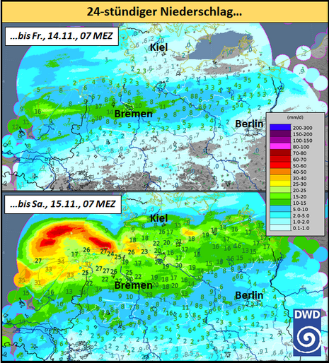 24-stündige Niederschläge über dem Norden Deutschlands, oben bis Freitagmorgen, 14.11., 07 MEZ, unten bis Samstagmorgen, 15.11., 07 MEZ. Flächige Darstellung: Niederschlagswerte abgeleitet aus dem Radar, Zahlenwerte: Messungen aus dem Messnetz.