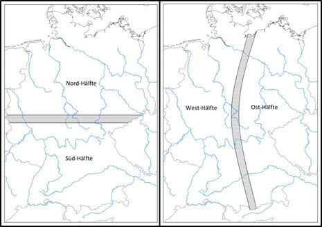 Geografische Aufteilung Deutschlands in Nord- und Südhälfte sowie in West- und Osthälfte. Quelle: DWD