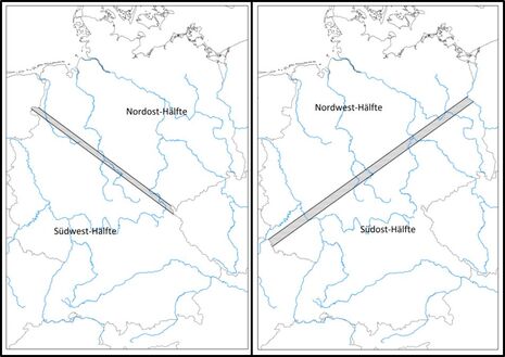 Geografische Aufteilung Deutschlands in Nordost- und Südwesthälfte sowie in Nordwest- und Südosthälfte. Quelle: DWD