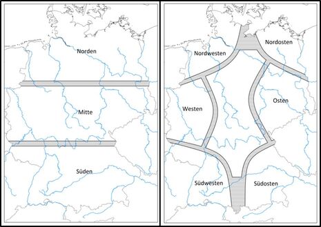 Geografische Aufteilung Deutschlands in Norden, Mitte und Süden sowie in Westen, Osten, Nordwesten, Nordosten, Südwesten und Südosten. Quelle: DWD