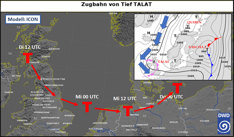 Zugbahn des kleinräumigen Tiefs TALAT sowie Frontenprognose (kleine Karte) für den heutigen Dienstag (12 UTC)
