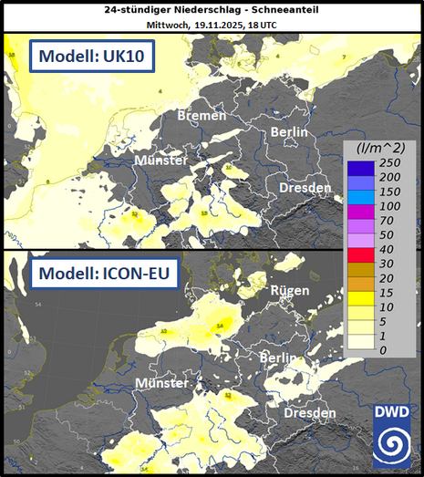 Schneeanteil am 24-stündigen Niederschlag bis Mittwochabend 18 UTC; oben: Modell UK10 des britischen MetOffice, unten: DWD-Modell ICON-EU