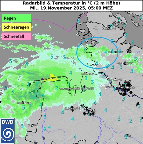 Radarbild und Temperatur in 2 m Höhe am 19.11.2025, 5 Uhr. (Quelle:DWD)