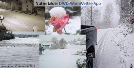 Auswahl von Nutzerbildern aus der DWD-WarnWetter-App vom 19. und 20. November 2025.