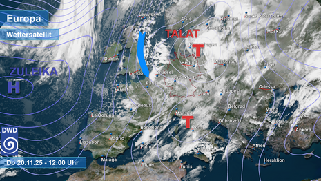 Bodendruckverteilung und Satellitenbild im Europaausschnitt von Donnerstag, den 20 November 2025. Blauer Pfeil markiert den Zustrom mäßig-kalter Polarluft.