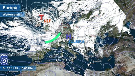 Satellitenbild und Drucksysteme vom Sonntag, den 23.11.2025 10 Uhr (Quelle:DWD)