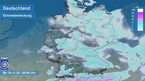 Prognostizierte Schneebedeckung vom ICON-D2 Modell für Montag, den 24.11.2025 um 08 Uhr (Quelle:DWD)