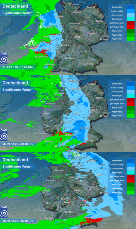 Prognostizierte Niederschlagsphase des ICON-D2 Modells für Sonntag, den 23.11.2025 18 Uhr, 00 Uhr und Montag, den 24.11.2025 06 Uhr (von oben nach unten) (Quelle:DWD)