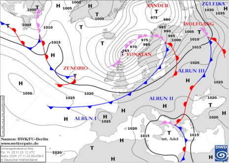 Bodenanalyse mit Fronten und Luftdruck, Freitag den 29.11.2025 12 UTC (Quelle: DWD)