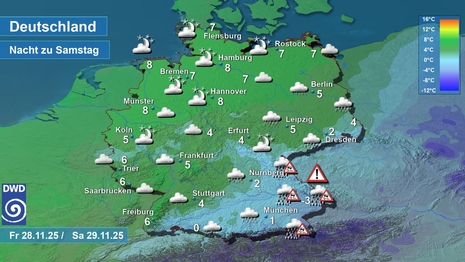 Wetter- und Temperaturkarte, in der Nacht zum Samstag 28./29.11.2025 (Quelle: DWD)