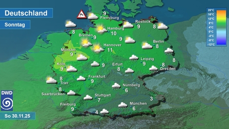 Wetter- und Temperaturkarte, Sonntag 30.11.2025. Quelle: DWD