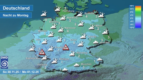 Wetter- und Temperaturkarte, in der Nacht zum Montag 30.11./01.12.2025. Quelle: DWD