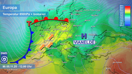Wetterlage am Mittwochmittag, 5. November 2025. Dargestellt sind die Isobaren sowie die Temperaturen auf der 850-hPa-Druckfläche, also in ca. 1500 m Höhe. Quelle: ICON