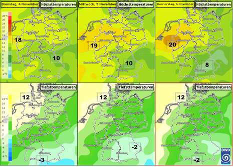 Höchst- und Tiefsttemperaturen von Dienstag, 4. November, bis Donnerstag, 6. November 2025. Quelle: MOS-ICON