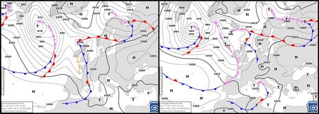 Vorhersagekarte für die Druckverteilung und die Lage der Frontensysteme am Donnerstag, den 06.11.2025 um 12 UTC und am Freitag, den 07.11.2025 um 12 UTC (Quelle: DWD)