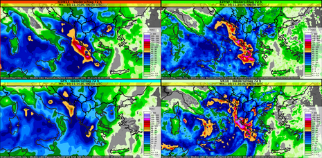 72-stündige Niederschlagsmengen in l/m² im zentralen Mittelmeerraum auf Basis verschiedener Wettermodelle von Freitagmittag (07.11.2025) bis Montagmittag (10.11.2025) (Quelle: DWD)