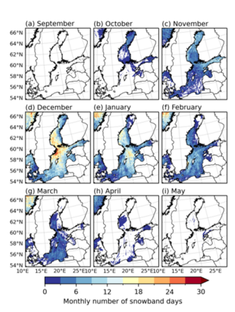 Häufigkeit an Tagen mit Schneefallbändern pro Monat im Zeitraum von 1998 bis 2018. Über der Ostsee ist ein Maximum im Dezember erkennbar.